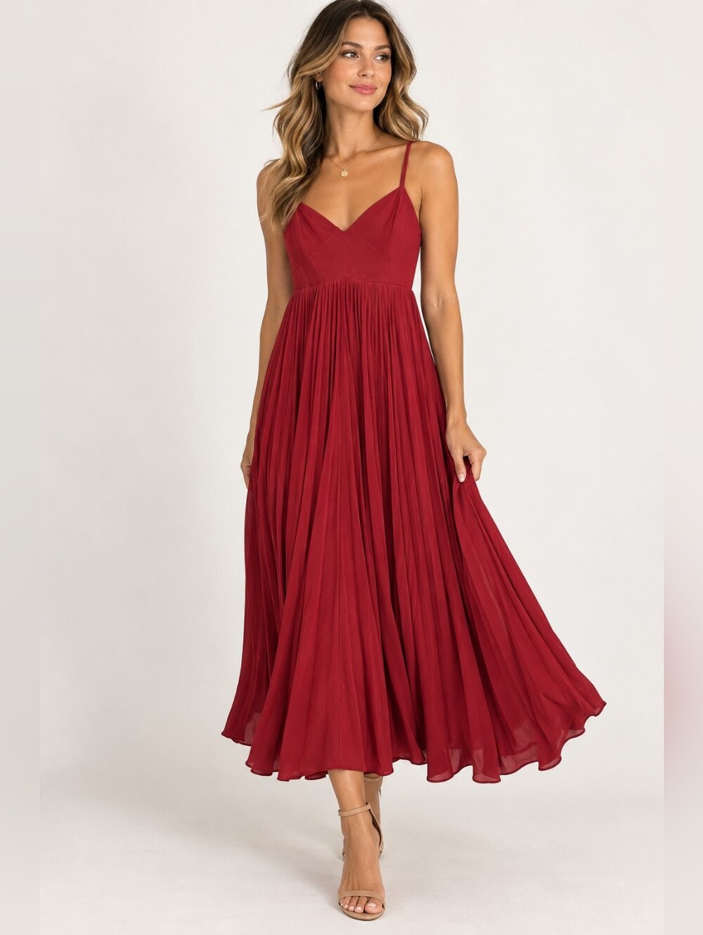 By Anthropologie Burgundy Pleated Midi Dress Sweetheart Neck XXSP